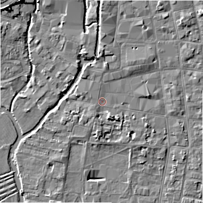 Shaded relief map of the ground around SP12NN, computed from Environment Agency LiDAR. The ground here sits at about 46 m above sea level and falls 11 m across the surrounding 800 m. Surface water reaching this point runs off ground lying to the west-south-west, 0.6 m higher.
