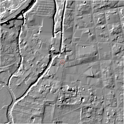 Shaded relief map of the ground around SP12NP, computed from Environment Agency LiDAR. The ground here sits at about 47 m above sea level and falls 9 m across the surrounding 800 m. Surface water reaching this point runs off ground lying to the north-east, 0.8 m higher.