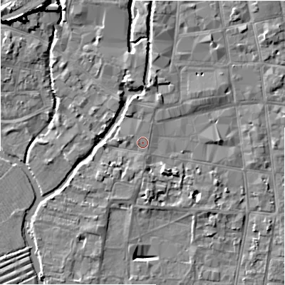 Shaded relief map of the ground around SP12NT, computed from Environment Agency LiDAR. The ground here sits at about 47 m above sea level and falls 11 m across the surrounding 800 m. The ground contributing surface water to this point lies to the west-north-west.