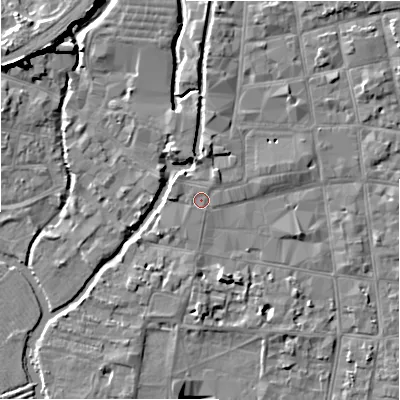 Shaded relief map of the ground around SP12NW, computed from Environment Agency LiDAR. The ground here sits at about 47 m above sea level and falls 11 m across the surrounding 800 m. The ground contributing surface water to this point lies to the north-west.