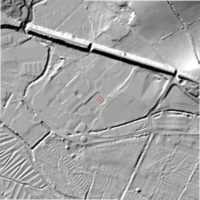 Shaded relief map of the ground around SP12NY, computed from Environment Agency LiDAR. The ground here sits at about 45 m above sea level and falls 16 m across the surrounding 800 m. Surface water reaching this point runs off ground lying to the east-north-east, 1.5 m higher.