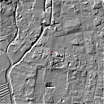 Shaded relief map of the ground around SP12PB, computed from Environment Agency LiDAR. The ground here sits at about 46 m above sea level and falls 11 m across the surrounding 800 m. Surface water reaching this point runs off ground lying to the east-south-east, 2.7 m higher.
