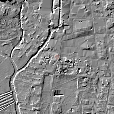 Shaded relief map of the ground around SP12PF, computed from Environment Agency LiDAR. The ground here sits at about 47 m above sea level and falls 11 m across the surrounding 800 m. Surface water reaching this point runs off ground lying to the east-south-east, 2.7 m higher.