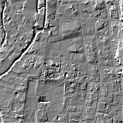 Shaded relief map of the ground around SP12PH, computed from Environment Agency LiDAR. The ground here sits at about 46 m above sea level and falls 10 m across the surrounding 800 m. Surface water reaching this point runs off ground lying to the west-south-west, 4.0 m higher.