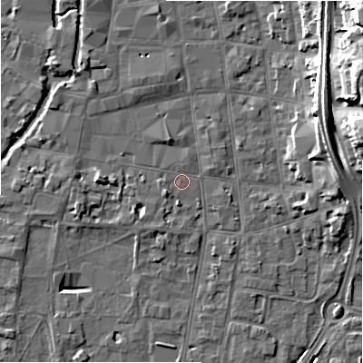 Shaded relief map of the ground around SP12PJ, computed from Environment Agency LiDAR. The ground here sits at about 46 m above sea level and falls 20 m across the surrounding 800 m. Surface water reaching this point runs off ground lying to the south-west, 1.5 m higher.
