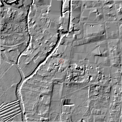 Shaded relief map of the ground around SP12PU, computed from Environment Agency LiDAR. The ground here sits at about 47 m above sea level and falls 11 m across the surrounding 800 m. Surface water reaching this point runs off ground lying to the south, 1.2 m higher.