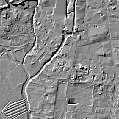 Shaded relief map of the ground around SP12QB, computed from Environment Agency LiDAR. The ground here sits at about 46 m above sea level and falls 11 m across the surrounding 800 m. Surface water reaching this point runs off ground lying to the north-north-east, 1.5 m higher.