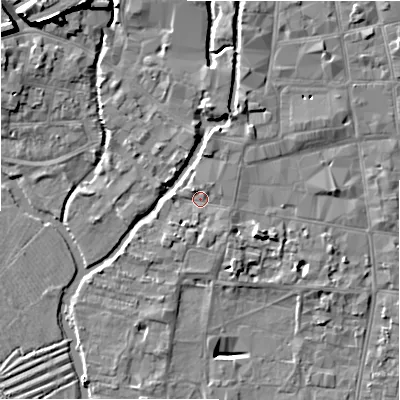 Shaded relief map of the ground around SP12QD, computed from Environment Agency LiDAR. The ground here sits at about 46 m above sea level and falls 11 m across the surrounding 800 m. Surface water reaching this point runs off ground lying to the north-north-west, 1.5 m higher.