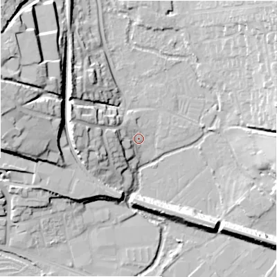 Shaded relief map of the ground around SP12RN, computed from Environment Agency LiDAR. The ground here sits at about 46 m above sea level and falls 29 m across the surrounding 800 m. Surface water reaching this point runs off ground lying to the west, 8.8 m higher.