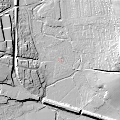 Shaded relief map of the ground around SP12RT, computed from Environment Agency LiDAR. The ground here sits at about 46 m above sea level and falls 33 m across the surrounding 800 m. Surface water reaching this point runs off ground lying to the west-north-west, 0.6 m higher.