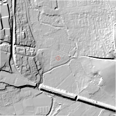 Shaded relief map of the ground around SP12RZ, computed from Environment Agency LiDAR. The ground here sits at about 46 m above sea level and falls 30 m across the surrounding 800 m. Surface water reaching this point runs off ground lying to the north, 0.5 m higher.