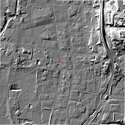 Shaded relief map of the ground around SP12SB, computed from Environment Agency LiDAR. The ground here sits at about 46 m above sea level and falls 26 m across the surrounding 800 m. Surface water reaching this point runs off ground lying to the north-east, 12.3 m higher.