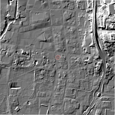 Shaded relief map of the ground around SP12SD, computed from Environment Agency LiDAR. The ground here sits at about 46 m above sea level and falls 26 m across the surrounding 800 m. Surface water reaching this point runs off ground lying to the north-east, 12.3 m higher.