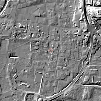 Shaded relief map of the ground around SP12SE, computed from Environment Agency LiDAR. The ground here sits at about 45 m above sea level and falls 24 m across the surrounding 800 m. Surface water reaching this point runs off ground lying to the north-east, 15.2 m higher.