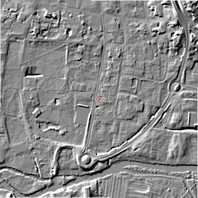 Shaded relief map of the ground around SP12SF, computed from Environment Agency LiDAR. The ground here sits at about 45 m above sea level and falls 17 m across the surrounding 800 m. Surface water reaching this point runs off ground lying to the north-east, 12.5 m higher.