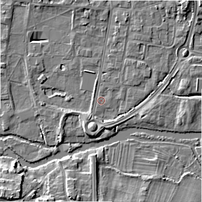 Shaded relief map of the ground around SP12SG, computed from Environment Agency LiDAR. The ground here sits at about 45 m above sea level and falls 12 m across the surrounding 800 m. Surface water reaching this point runs off ground lying to the south-west, 1.6 m higher.