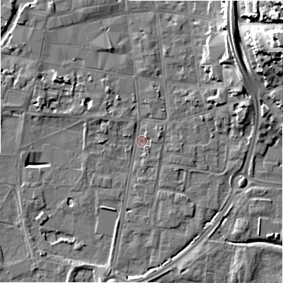Shaded relief map of the ground around SP12SH, computed from Environment Agency LiDAR. The ground here sits at about 45 m above sea level and falls 24 m across the surrounding 800 m. Surface water reaching this point runs off ground lying to the north-east, 12.6 m higher.