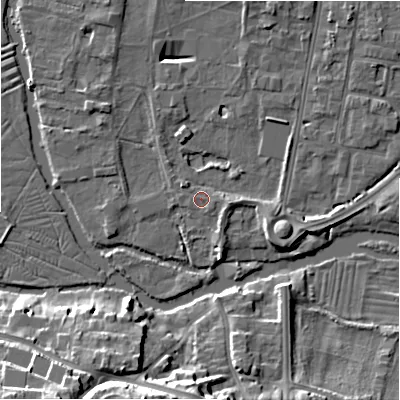 Shaded relief map of the ground around SP12SJ, computed from Environment Agency LiDAR. The ground here sits at about 46 m above sea level and falls 19 m across the surrounding 800 m. Surface water reaching this point runs off ground lying to the east-south-east, 2.9 m higher.