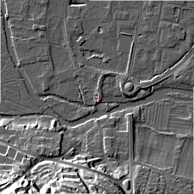 Shaded relief map of the ground around SP12SN, computed from Environment Agency LiDAR. The ground here sits at about 46 m above sea level and falls 40 m across the surrounding 800 m. Surface water reaching this point runs off ground lying to the south-south-east, 2.1 m higher.