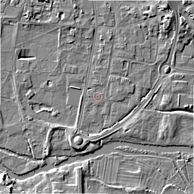 Shaded relief map of the ground around SP12SQ, computed from Environment Agency LiDAR. The ground here sits at about 45 m above sea level and falls 12 m across the surrounding 800 m. Surface water reaching this point runs off ground lying to the north-west, 5.7 m higher.