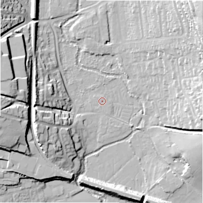 Shaded relief map of the ground around SP12SS, computed from Environment Agency LiDAR. The ground here sits at about 46 m above sea level and falls 32 m across the surrounding 800 m. The ground contributing surface water to this point lies to the west-south-west.