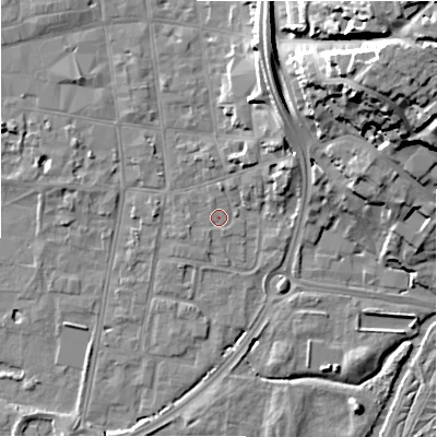 Shaded relief map of the ground around SP12SU, computed from Environment Agency LiDAR. The ground here sits at about 45 m above sea level and falls 30 m across the surrounding 800 m. Surface water reaching this point runs off ground lying to the north-east, 7.3 m higher.