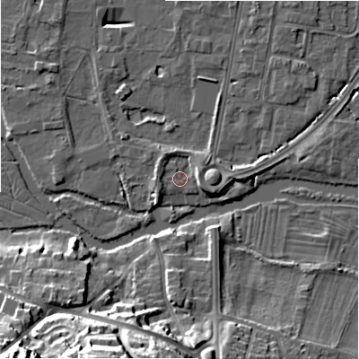 Shaded relief map of the ground around SP12SW, computed from Environment Agency LiDAR. The ground here sits at about 45 m above sea level and falls 32 m across the surrounding 800 m. Surface water reaching this point runs off ground lying to the east, 2.5 m higher.