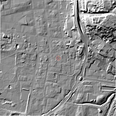 Shaded relief map of the ground around SP12SX, computed from Environment Agency LiDAR. The ground here sits at about 46 m above sea level and falls 30 m across the surrounding 800 m. Surface water reaching this point runs off ground lying to the north-east, 7.2 m higher.