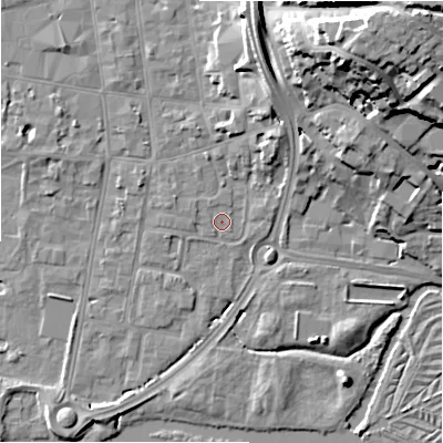 Shaded relief map of the ground around SP12SY, computed from Environment Agency LiDAR. The ground here sits at about 45 m above sea level and falls 29 m across the surrounding 800 m. Surface water reaching this point runs off ground lying to the west-north-west, 0.8 m higher.