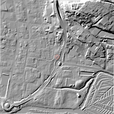 Shaded relief map of the ground around SP12TF, computed from Environment Agency LiDAR. The ground here sits at about 45 m above sea level and falls 29 m across the surrounding 800 m. Surface water reaching this point runs off ground lying to the north-north-east, 22.4 m higher.