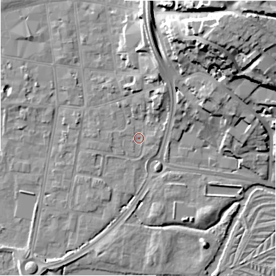 Shaded relief map of the ground around SP12TG, computed from Environment Agency LiDAR. The ground here sits at about 45 m above sea level and falls 29 m across the surrounding 800 m. Surface water reaching this point runs off ground lying to the north-north-east, 19.4 m higher.