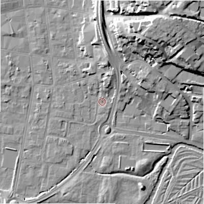 Shaded relief map of the ground around SP12TH, computed from Environment Agency LiDAR. The ground here sits at about 45 m above sea level and falls 29 m across the surrounding 800 m. Surface water reaching this point runs off ground lying to the north-north-east, 5.8 m higher.