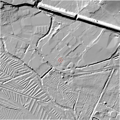 Shaded relief map of the ground around SP12TJ, computed from Environment Agency LiDAR. The ground here sits at about 45 m above sea level and falls 14 m across the surrounding 800 m. Surface water reaching this point runs off ground lying to the north-north-east, 0.8 m higher.