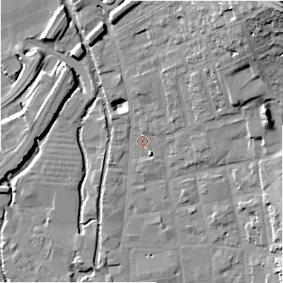 Shaded relief map of the ground around SP13GE, computed from Environment Agency LiDAR. The ground here sits at about 47 m above sea level and falls 29 m across the surrounding 800 m. Surface water reaching this point runs off ground lying to the south-south-east, 2.3 m higher.