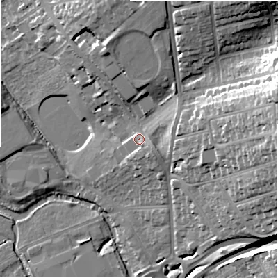 Shaded relief map of the ground around SP13JH, computed from Environment Agency LiDAR. The ground here sits at about 56 m above sea level and falls 32 m across the surrounding 800 m. Surface water reaching this point runs off ground lying to the east-north-east, 4.6 m higher.