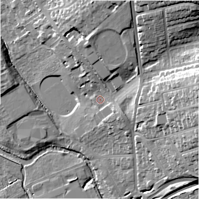 Shaded relief map of the ground around SP13JJ, computed from Environment Agency LiDAR. The ground here sits at about 54 m above sea level and falls 31 m across the surrounding 800 m. Surface water reaching this point runs off ground lying to the north-east, 24.1 m higher.