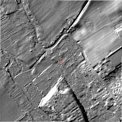Shaded relief map of the ground around SP13JZ, computed from Environment Agency LiDAR. The ground here sits at about 50 m above sea level and falls 19 m across the surrounding 800 m. Surface water reaching this point runs off ground lying to the east, 2.4 m higher.