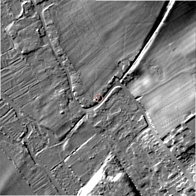Shaded relief map of the ground around SP13LB, computed from Environment Agency LiDAR. The ground here sits at about 50 m above sea level and falls 22 m across the surrounding 800 m. Surface water reaching this point runs off ground lying to the north-east, 20.6 m higher.