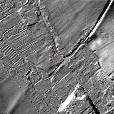 Shaded relief map of the ground around SP13LF, computed from Environment Agency LiDAR. The ground here sits at about 50 m above sea level and falls 19 m across the surrounding 800 m. Surface water reaching this point runs off ground lying to the west, 1.1 m higher.