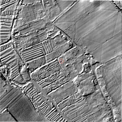 Shaded relief map of the ground around SP13LJ, computed from Environment Agency LiDAR. The ground here sits at about 50 m above sea level and falls 36 m across the surrounding 800 m. Surface water reaching this point runs off ground lying to the north-north-east, 2.9 m higher.