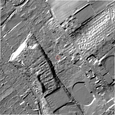 Shaded relief map of the ground around SP13LR, computed from Environment Agency LiDAR. The ground here sits at about 50 m above sea level and falls 24 m across the surrounding 800 m. Surface water reaching this point runs off ground lying to the north-east, 23.4 m higher.