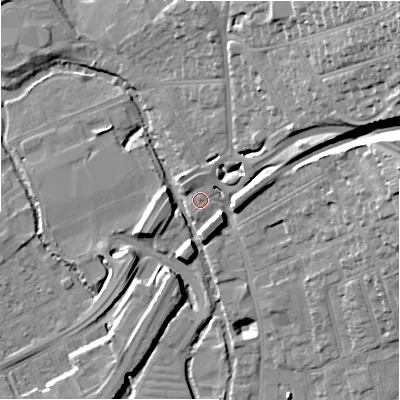Shaded relief map of the ground around SP13LT, computed from Environment Agency LiDAR. The ground here sits at about 49 m above sea level and falls 34 m across the surrounding 800 m. Surface water reaching this point runs off ground lying to the north-west, 2.1 m higher.