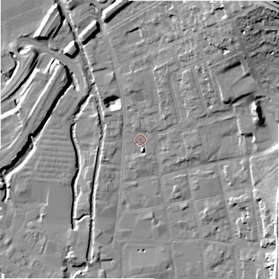 Shaded relief map of the ground around SP13SH, computed from Environment Agency LiDAR. The ground here sits at about 47 m above sea level and falls 30 m across the surrounding 800 m. Surface water reaching this point runs off ground lying to the north-north-east, 4.7 m higher.