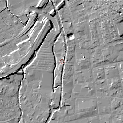 Shaded relief map of the ground around SP13SL, computed from Environment Agency LiDAR. The ground here sits at about 47 m above sea level and falls 20 m across the surrounding 800 m. Surface water reaching this point runs off ground lying to the north, 8.1 m higher.