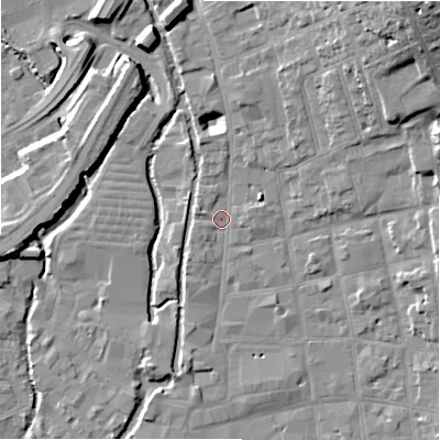 Shaded relief map of the ground around SP13SP, computed from Environment Agency LiDAR. The ground here sits at about 47 m above sea level and falls 21 m across the surrounding 800 m. Surface water reaching this point runs off ground lying to the north-east, 18.9 m higher.