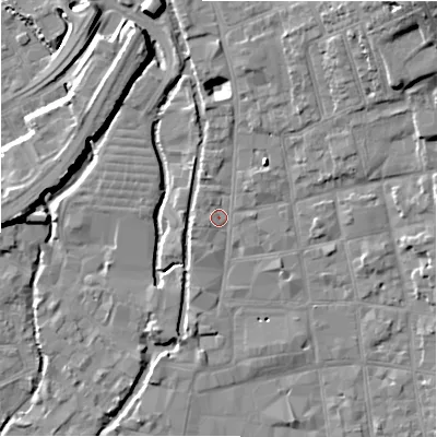 Shaded relief map of the ground around SP13SS, computed from Environment Agency LiDAR. The ground here sits at about 47 m above sea level and falls 17 m across the surrounding 800 m. Surface water reaching this point runs off ground lying to the north-north-east, 12.6 m higher.