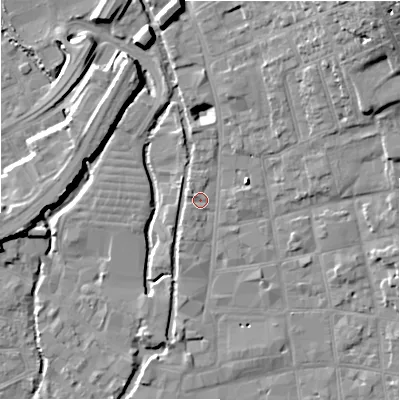Shaded relief map of the ground around SP13SX, computed from Environment Agency LiDAR. The ground here sits at about 47 m above sea level and falls 21 m across the surrounding 800 m. Surface water reaching this point runs off ground lying to the south-west, 1.1 m higher.