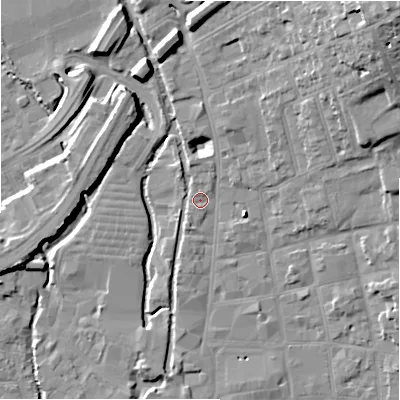 Shaded relief map of the ground around SP13SY, computed from Environment Agency LiDAR. The ground here sits at about 48 m above sea level and falls 25 m across the surrounding 800 m. Surface water reaching this point runs off ground lying to the south, 1.0 m higher.
