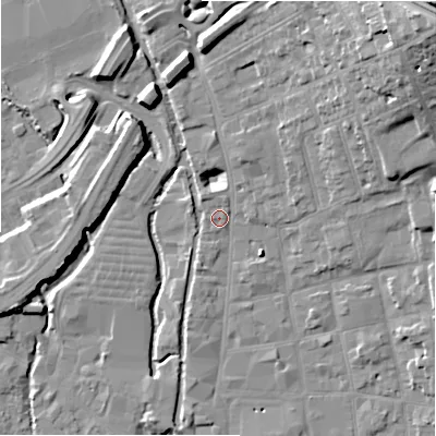 Shaded relief map of the ground around SP13SZ, computed from Environment Agency LiDAR. The ground here sits at about 48 m above sea level and falls 28 m across the surrounding 800 m. Surface water reaching this point runs off ground lying to the north-east, 25.0 m higher.