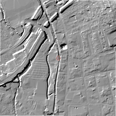 Shaded relief map of the ground around SP13TA, computed from Environment Agency LiDAR. The ground here sits at about 48 m above sea level and falls 24 m across the surrounding 800 m. Surface water reaching this point runs off ground lying to the north, 8.1 m higher.